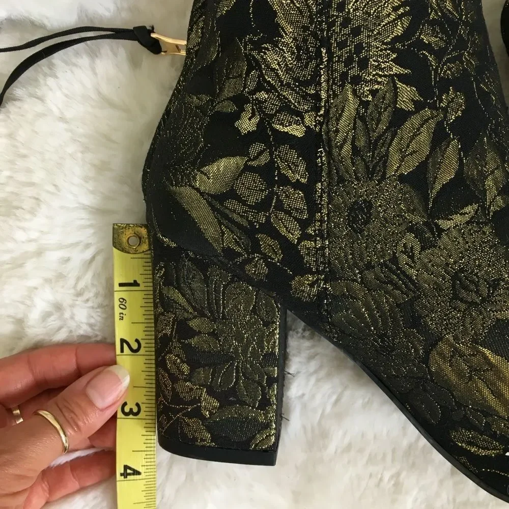 Steve Madden Black Gold Jacquard Cynthia Floral Fabric Ankle High Heel Boots 7.5